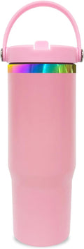 30 oz Tumbler with Handle and Straw, Vacuum Insulated Tumblers with Flip Straw and Top Handle, Leakproof Powder Coated Tumbler, Stainless Steel Travel Mug for Coffee Water((Pink)