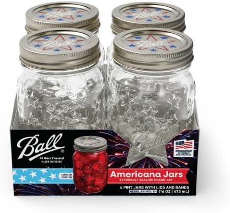 Ball Americana Regular Mouth Glass Mason Jars with Lids and Bands, Used for Canning, Pickling, Juice, Jam, Jelly, Pint Size 16 Ounce, 4 Count (Pack of 1)
