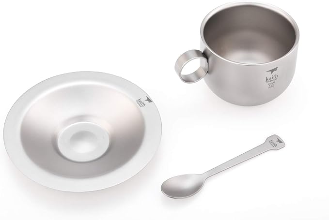 Keith Titanium Ti3601 Double-Wall Coffee Cup with Saucer and Spoon