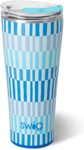 Swig Life 32oz Insulated Tumbler, Travel Coffee Tumbler with Lid, Cup Holder Friendly Travel Coffee Mug, Stainless Steel, 32 oz, Reusable Insulated Mug with Lid (Glacier Stripe)