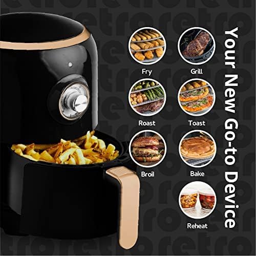 Aria Air Fryers 2Qt Retro Style Ceramic Build, Small Compact Size Airfryer, Easy Clean & Dishwasher Safe, Ceramic Nonstick Teflon Free Small Convection, Black/Stainless Trim & Basket Handle