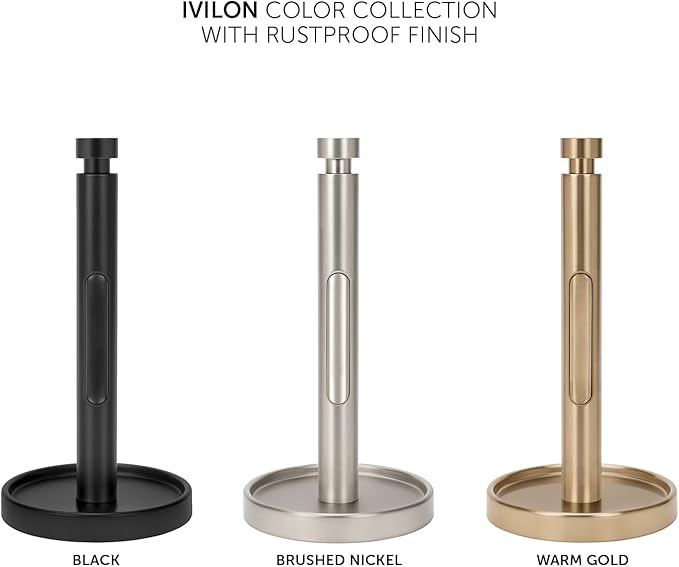 Ivilon Countertop Paper Towel Holder - Weighted Heavy Duty Steel Stand with Non-Slip Base for a Steady One-Handed One Sheet Tear - Fits All Rolls - Brushed Nickel