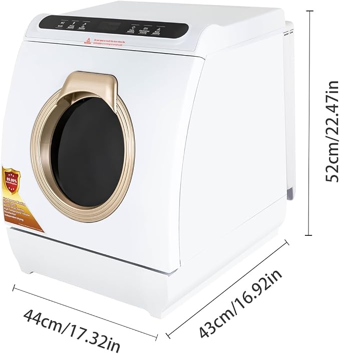 Countertop Dishwasher, Portable Dishwasher With Water Tank, 3 Washing Programs, 360-Degree Water Spraying, 75°C Hot Air Drying Technology, 110v, 1200w (White+Gold)
