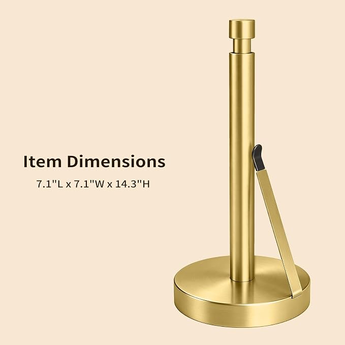 YUMORE Heavy Duty Stainless Steel Paper Towel Holder – Easy One-Handed Tear, Weighted Base Non-Slip, Tension Arm Prevents Unraveling, Countertop Paper Stand for Kitchen, Fits Most Size Rolls (Gold)