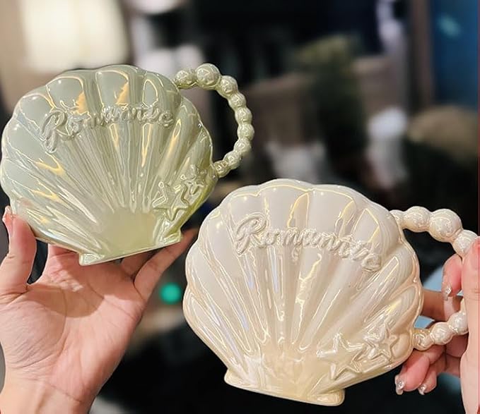 Pearl Shell Ceramic Coffee Mug with Coaster Set for Tea Latte Milk Cute Cup with Saucer for Home Office Women Gift 6.5 oz (Shell with Straw Beige, 450 ml)