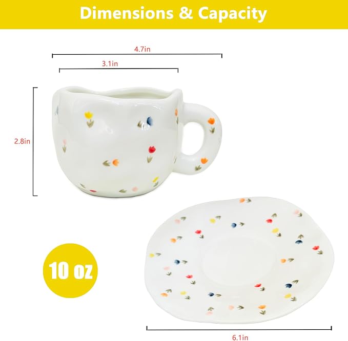 Noviko Flower Coffee Mug Fancy Tea Cups and Saucers Set for Mom 10 oz