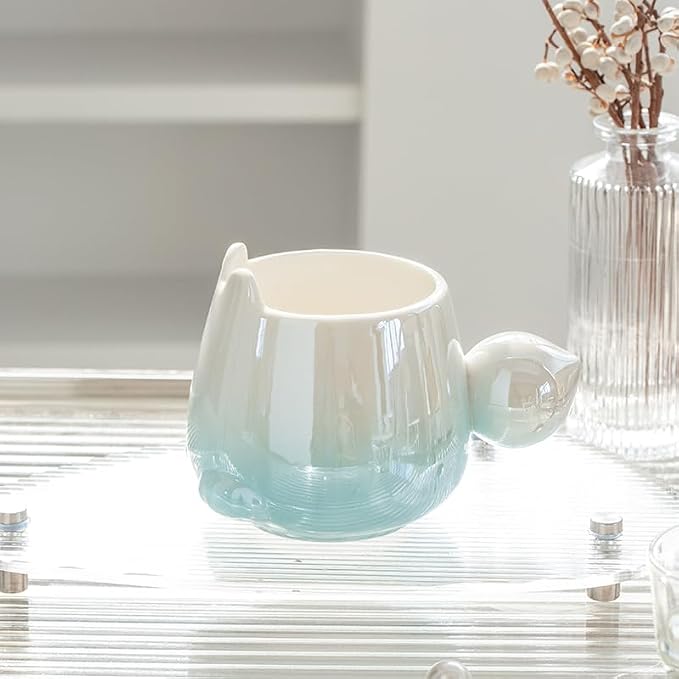 Pearl Ceramic Coffee Mug for Tea Latte Milk Cute Love Shape Cup for Home Office Women Gift 6.5 oz (white fat bunny, 430 ml)