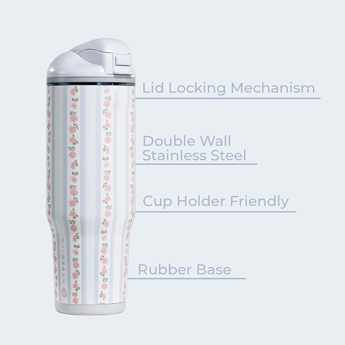 HydroJug Ease2o Water Bottle with Straw & Chug Lid, Stainless Steel, Vented Cap to Help Reduce Pressure, Water-Level Window, Cup Holder Friendly, Non-Slip Base – 32oz, Primrose