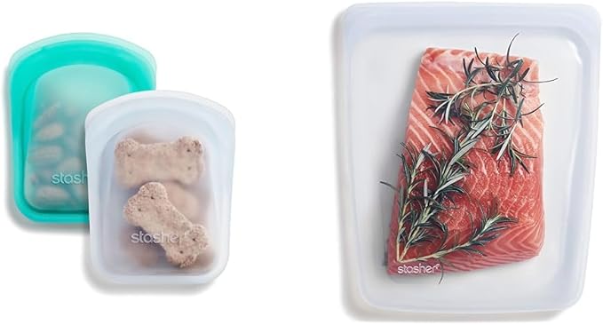 Stasher Reusable Silicone Storage Bags, Food Storage Containers, Microwave and Dishwasher Safe, Leak-free, Pocket 2-Pack + 1/2 Gallon Bag