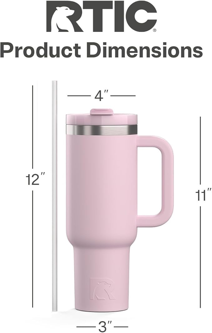 RTIC 40 oz Road Trip Tumbler Double-Walled Cermaic Lined Insulated Stainless Steel Portable Travel Coffee Mug Cup with Lid, Handle and Straw, Pale Pink