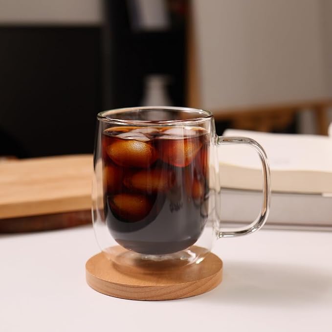CNGLASS Large Double Wall Glass Coffee Mug 15.2oz,Clear Insulated Glass Espresso Cup with Big Handle,set of 2