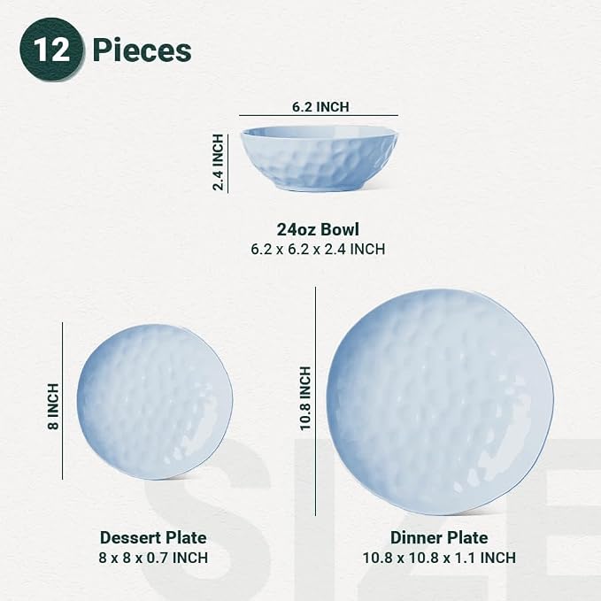 HOMBENE Plates and Bowls Sets, Dinnerware Set 12 Piece Service Porcelain Dinnerware for 4, for Dessert Salad and Pasta, Celestial Blue Dishes
