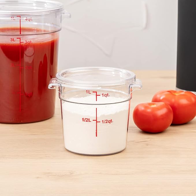 Restaurantware Met Lux 1 Quart Food Storage Containers 10 Round Commercial Storage Containers - Lids Sold Separately With Volume Markers Clear Plastic Food Prep Buckets Space-Saving Storage