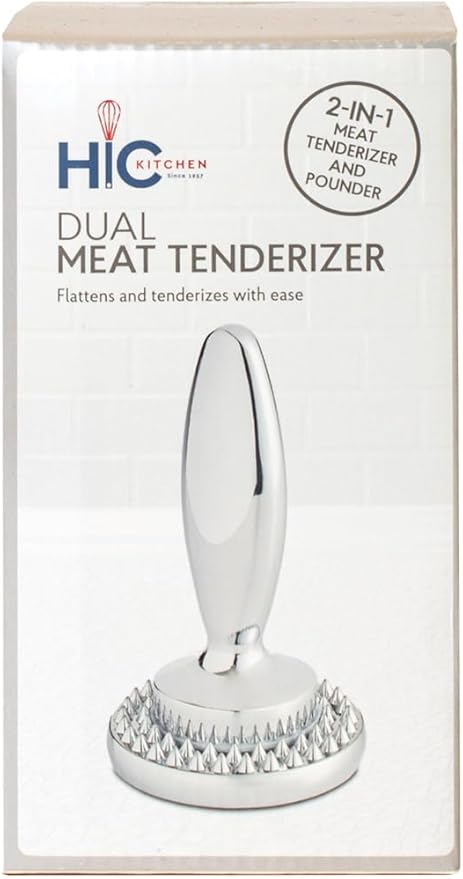 HIC Kitchen Dual Sided Meat Tenderizer Marinating Prep Tool, Chrome-Plated Zinc, 835 Grams, For Flattening Cutlets And Tenderizing Meat