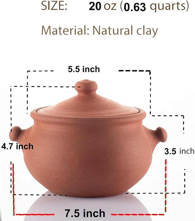 Small Earthenware Clay Mud Eathern Terracotta Cooking Pot Pottery Cazuela Cookware with Lid Natural Stovetop Stove Top Stone Stew Rice Unglazed Mexican Indian Kitchen Oven Terra Cotta Handcrafted Traditional Healthy (0.6 Quarts - Size1)