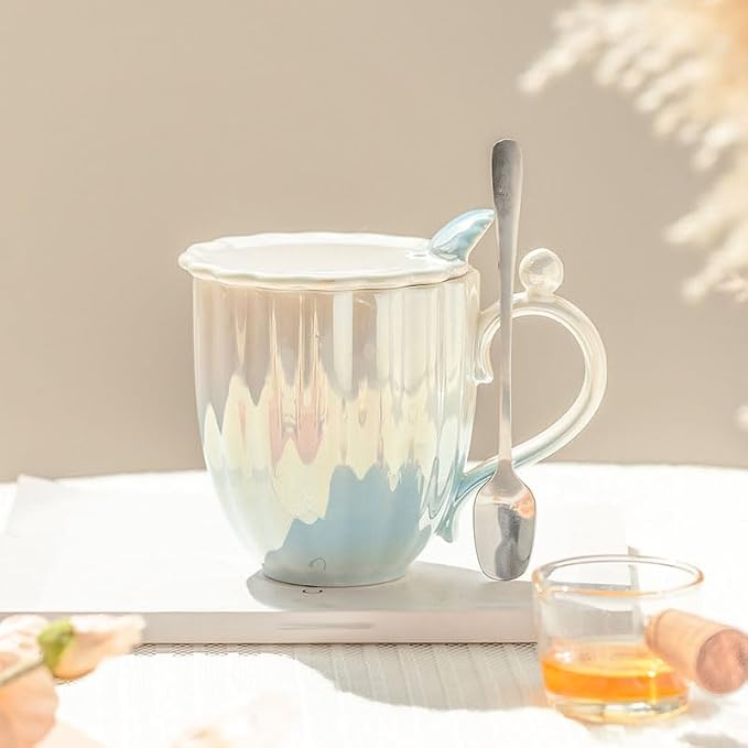 Pearl Ceramic Coffee Mug for Tea Latte Milk Cute Love Shape Cup for Home Office Women Gift 6.5 oz (Shell Pink, 420 ml)