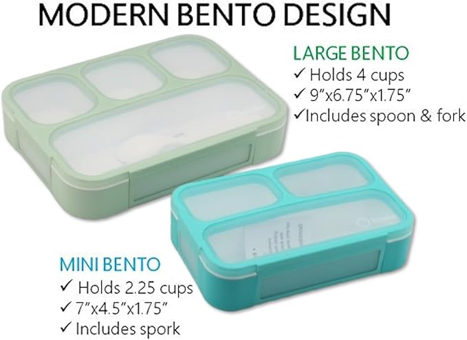 kinsho Bento Lunch Box And Snack Container Set For Kids And Adults - Large 4 & Small 3 Divided Food Compartments - Portion Control Meal Prep - Reusable for School Work Travel - 2 Pack Green Blue Set