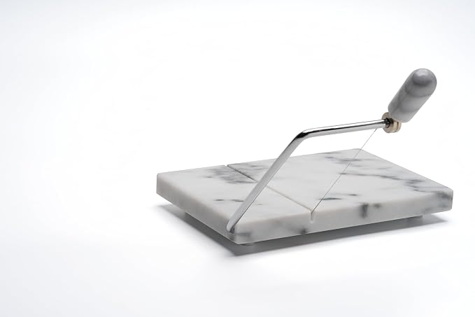 Marble Cheese Slicer for Block Cheese, 5" x 8" White Marble Cheese Board and Cutter with 2 Replacement Stainless Steel Wires, Heavy Duty Cheese Slicer Kit for Home Kitchen and Charcuterie