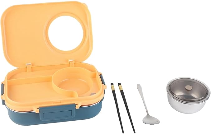 Tbest Thermal Lu Box For Hot Food Thermal Tazon,Lu Box Lu Box Thermal Lu Box 1100Ml Double Layer 3 Grid Design 304 Stainl Steel Box With Chopsticks Spoon Soup Bowl G (Blue Yellow)