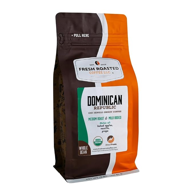 Fresh Roasted Coffee, Organic Dominican Republic Whole Bean Coffee, Medium Roast, USDA Organic, Direct Trade, Kosher, 12 oz