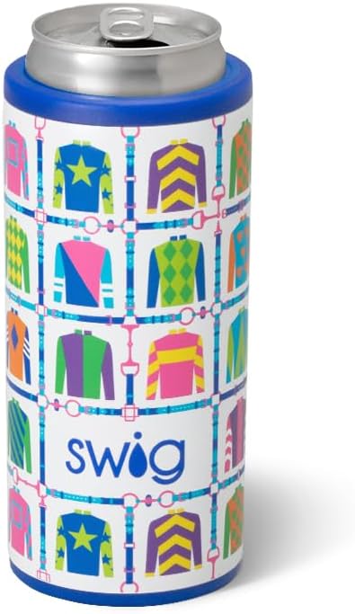 Swig Life Skinny Can Cooler, 12oz Insulated Slim Can Holder, Stainless Steel Cans Cooler, Covers for Tall Beer Bottles, Beach Accessories for Women (Jockey Club)