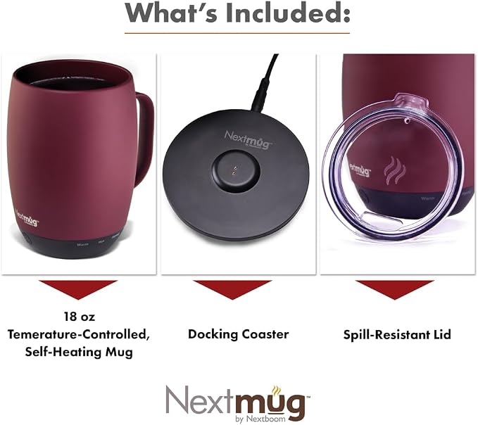 Nextmug Plus (Burgundy - 18 oz.) Temperature-Controlled, Self-Heating Mug – No App, Long-Lasting Battery for Work & Study, Great Gift for Coffee Lovers