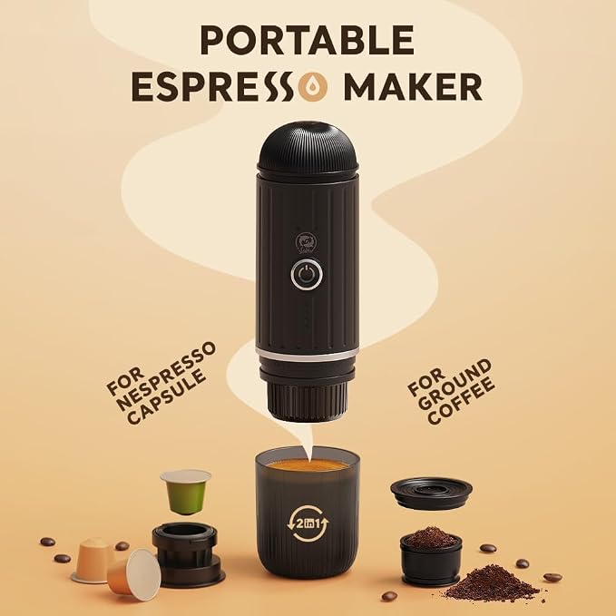 i Cafilas Portable Electric Espresso Coffee Maker Electric Coffee Machine Compatible with NS Capsules and Coffee grounds for Camping, Travel, Home【Heating version】