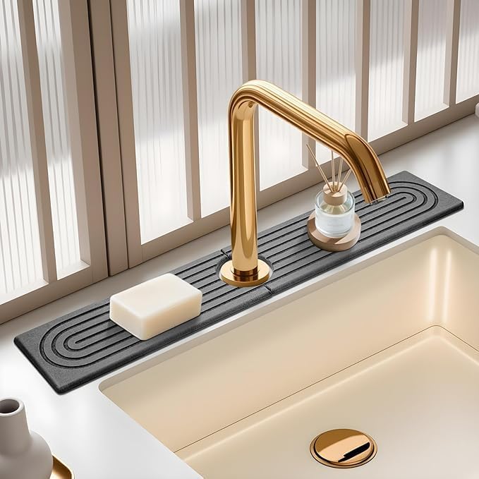 Diatomite Sink Splash Guard – Super Absorbent Kitchen & Bath Mat, Quick-Dry Non-Slip Drying Tray, Fits Most Faucets, Pet Bowl Mat, Vase Holder (Premium Gray, 23.6'' x 4'')