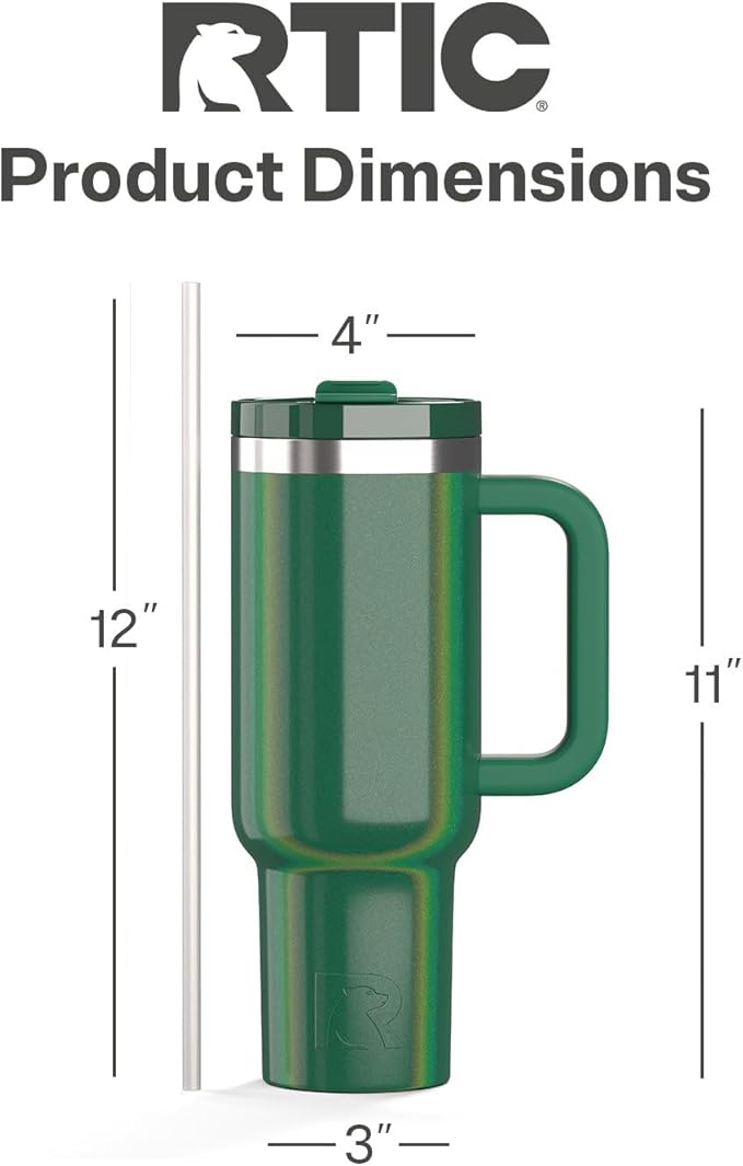 RTIC 40 oz Road Trip Tumbler Double-Walled Cermaic Lined Insulated Stainless Steel Portable Travel Coffee Mug Cup with Lid, Handle and Straw, Pine Tree Glitter
