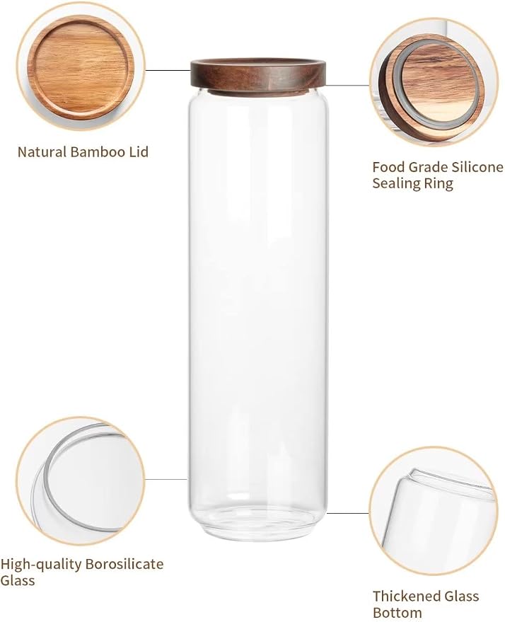 Kanwone Airtight Food Storage Containers Set of 3, 54 Ounce Glass Storage Containers with Bamboo lids, Clear Glass Canisters for Pantry, kitchen, Flour, Sugar, Tea, Coffee, Cookies, Spice and Herbs