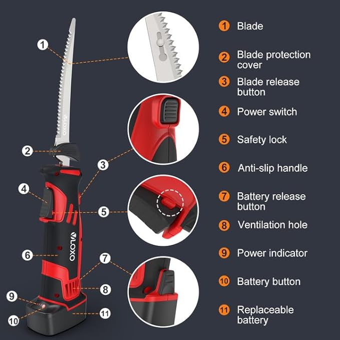 VLOXO Electric Fillet Knife-Cordless Electric Carving Knife with 2 Stainless Steel Blades Safety Lock Non-Slip Grip Rechargeable Electric Knives for Meat Slicing Turkey Bread Fish Includes Storage Case