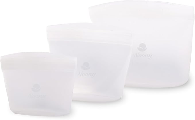 Noony Reusable Silicone Food Storage Bags - Easy to Clean & Odorless - 100% Food-Grade Silicone - Leakproof Stand Up Zip Container for Meal Prep, Snacks, Freezer & Microwave Safe,Set of 3.
