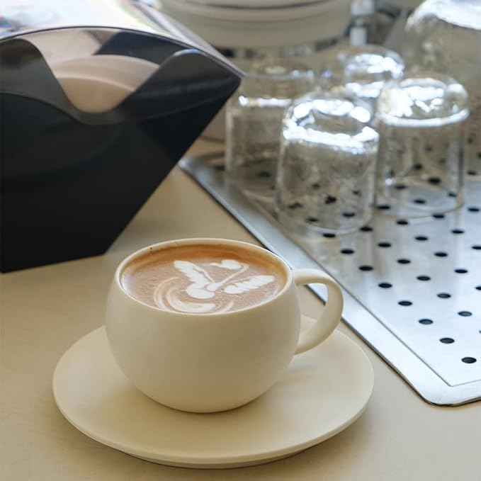 WENSHUO Egg Shaped Coffee Mug with Saucer, 8.5 oz Matte Crème Ceramic Cute Teacup, Modern Minimalist Cappuccino Latte Art Cup Set for Home Office Cafe