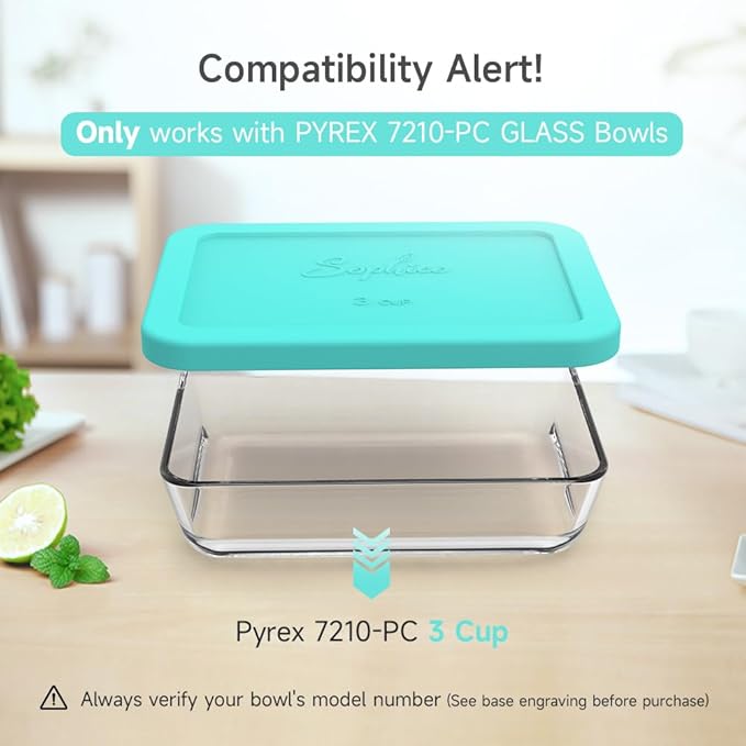 Sophico 3 Cup Rectangle Silicone Storage Cover Lids Replacement for Pyrex 7210-PC Glass Bowls, Container not Included (MINT, 1 Pack)