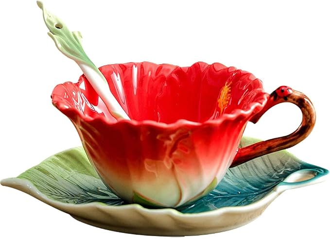 WAYUTO 3D Ceramic Coffee Mug and Saucer Set with Spoon Flower Leaf Coffee Mug Tea Cup with Decorative Handle Vintage Floral Drinking Cups Unique Gifts for Birthday Wedding Christmas 6oz Red