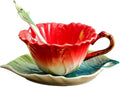 WAYUTO 3D Ceramic Coffee Mug and Saucer Set with Spoon Flower Leaf Coffee Mug Tea Cup with Decorative Handle Vintage Floral Drinking Cups Unique Gifts for Birthday Wedding Christmas 6oz Red