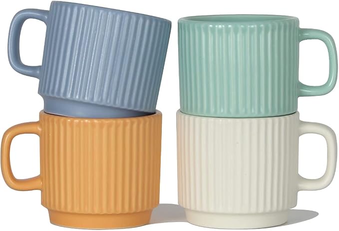 Stackable Coffee Mugs Set of 4, 7 OZ Ceramics Espresso Cups for Latte Cappuccino Cocoa with Handle, Colorful
