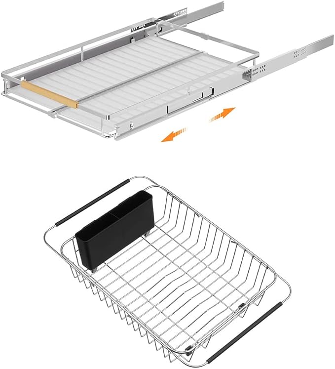 SANNO Expandable Pull Out Cabinet Organizer Kitchen Sliding Shelf, Modern Silver Stainless Steel Dish Drying Rack Over The Sink