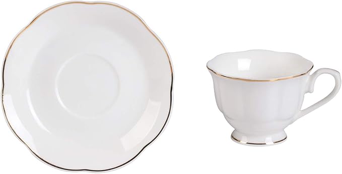 Guangyang 12 pieces Fine Porcelain 2.5oz Cups and Saucers set of 6 Turkish Coffee Cup set for Double Espresso White Color with Gold Trim