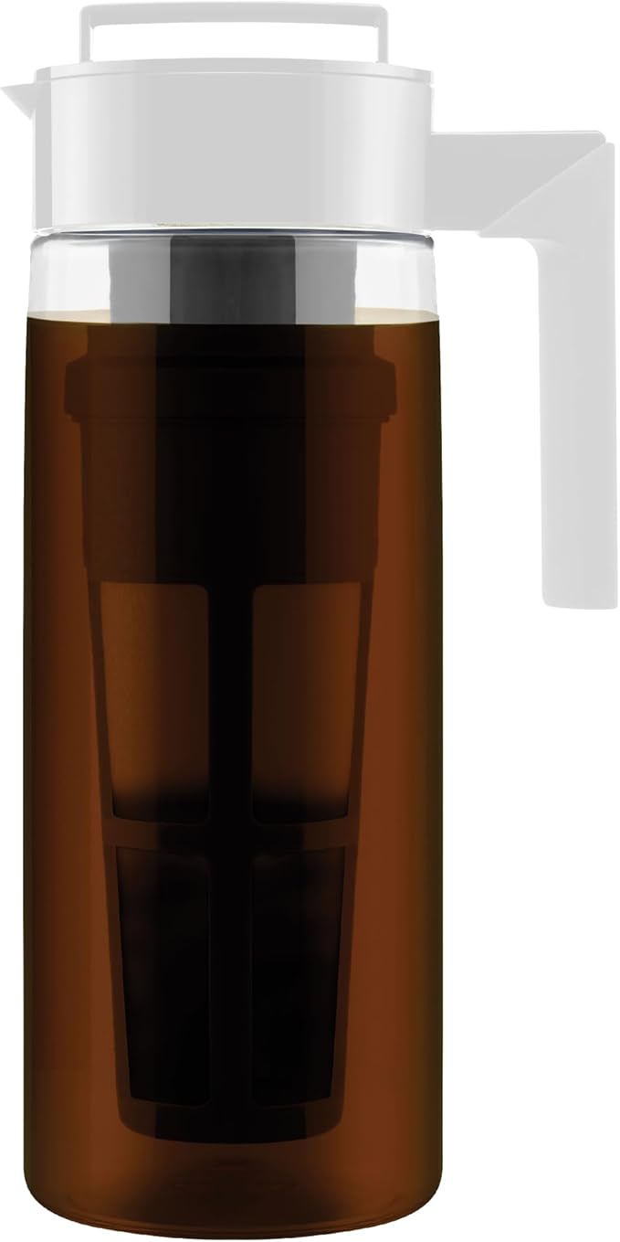 Takeya Deluxe Cold Brew Coffee Maker - BPA-Free Tritan Pitcher with Airtight Leakproof Lid, Silicone Grip Handle, Fine-Mesh Filter - Shatter-Proof, Dishwasher Safe, Made in USA - 2 Quart/White