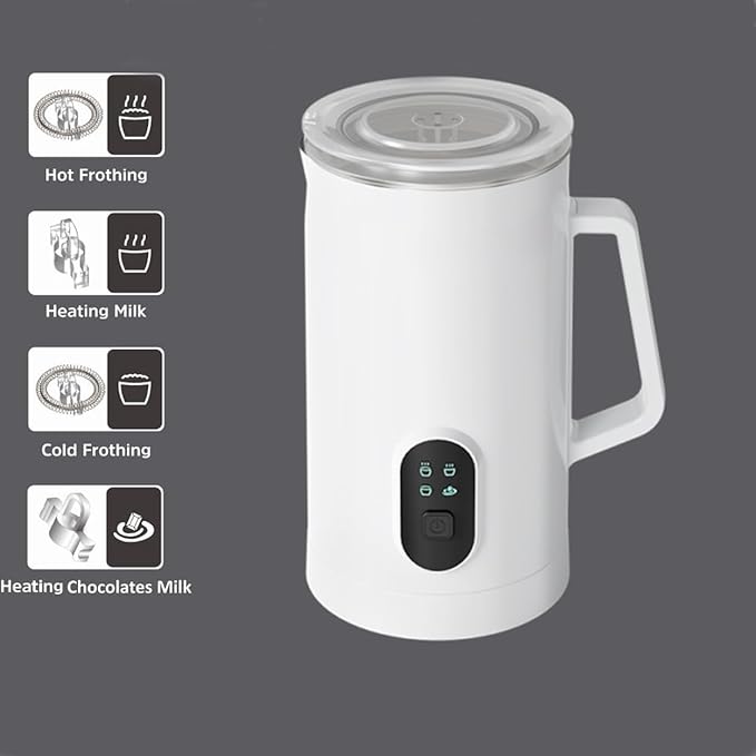 4 IN 1 Electric Milk Frother, Automatic Hot & Cold Milk Foamer, 19.6oz/580ml Large Capacity for Latte Coffee Hot Chocolates Cappuccino (White, 220V EU PLUG)