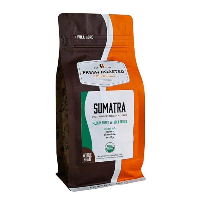 Fresh Roasted Coffee, Organic Sumatra Whole Bean Coffee, Medium Roast, USDA Organic, 100% Single Origin, Kosher, 12 oz