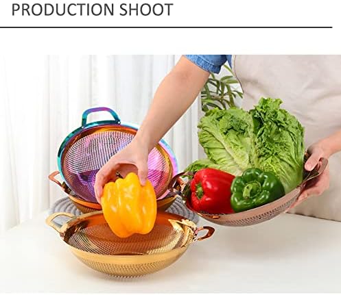 Stainless Steel Colander With Handle and Legs Drain Basket for Pasta, Spaghetti, Berry, Veggies, Fruits, Noodles, Salads, Fruit Colander Strainer Metal Rice Sieve Kitchen Utensils-Rainbow Color