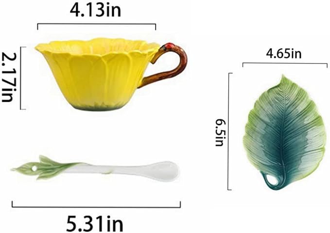 Sunflower Tea Cup and Saucer Set 6 Oz, Enamel Flower Porcelain Coffee Cup Saucer Set with Spoon for Women, Hand Crafted Tea Set (Sunflower)