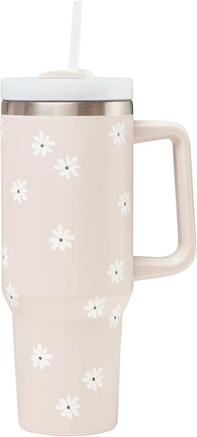 Santa Barbara Design Studio Insulated Tumbler with Handle and Straw Vacuum Sealed Stainless Steel Travel Mug, 40-Ounce, White Flowers