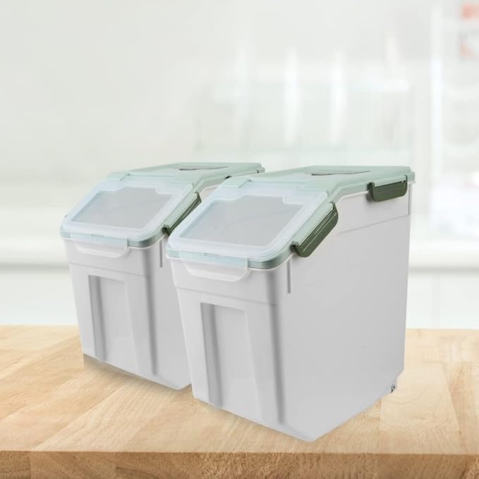 25LB Large Flour Storage Container Bin,Green Airtight Plastic with Wheels Seal Locking Lid Dispenser Organizer Storage Bin with Measuring Cup & Scoop for Flour, Rice, Grain，Set of 4