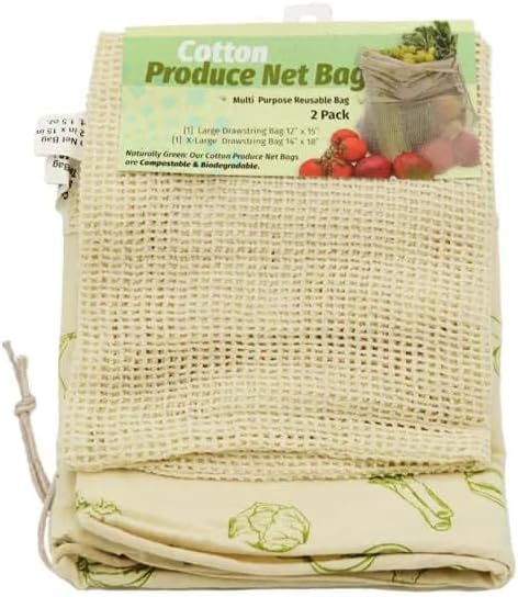 Reusable Cotton Produce Net Bags – 2-Pack (12"x15" & 14"x18") - 6 sets – Eco-Friendly, Washable, Breathable Mesh with Drawstring Closure – Ideal for Fruits, Vegetables & Grocery Shopping