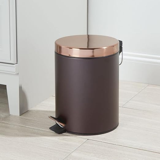 mDesign Pedal Bin - Metal Waste Bin with Pedal, Lid and Plastic Bucket Insert - Perfect for Bathroom, Kitchen, and Office - Ergonomic Design - Bronze/Rose Gold