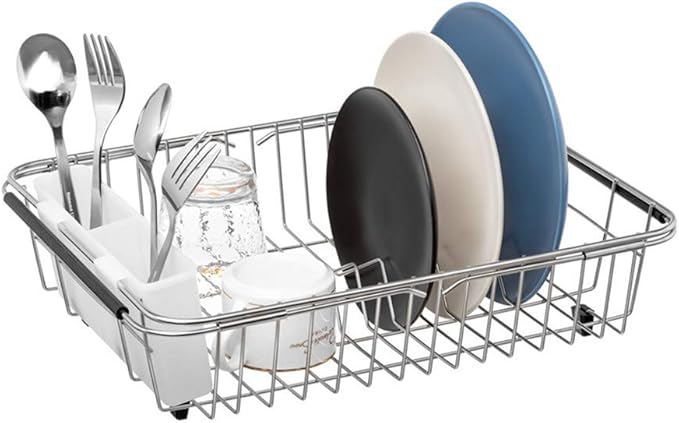 SANNO Dish Drying Rack, Expandable Dish Drainer Over Sink Kitchen Sink Grate Stainless Steel Sink Protector for Kitchen Sink