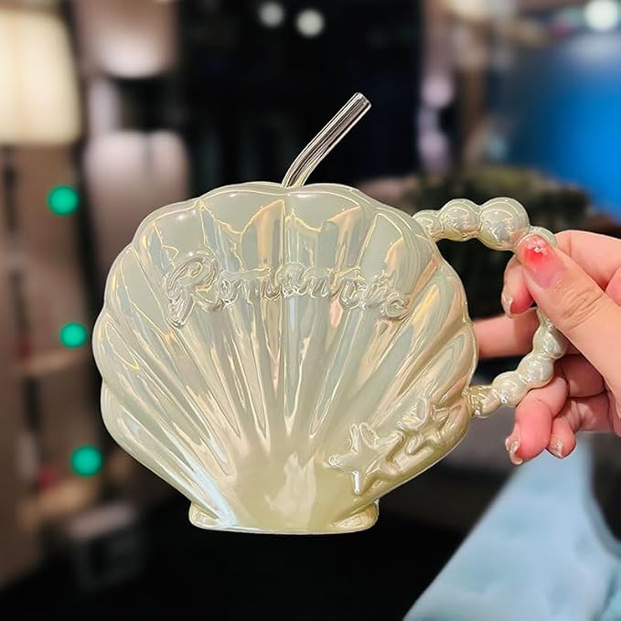 Pearl Shell Ceramic Coffee Mug with Coaster Set for Tea Latte Milk Cute Cup with Saucer for Home Office Women Gift 6.5 oz (Shell with Straw Green, 450 ml)
